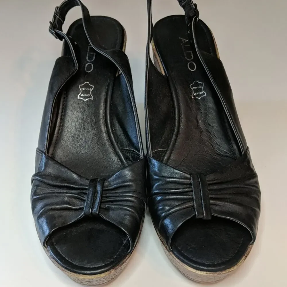 ALDO Black Wedge Peep Toe Slingback Sandals 39